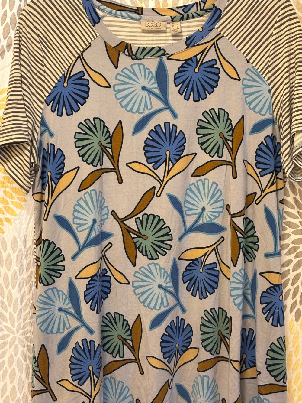 LOGO by Lori Goldstein Blue Floral Raglan Tee with Striped Sleeves